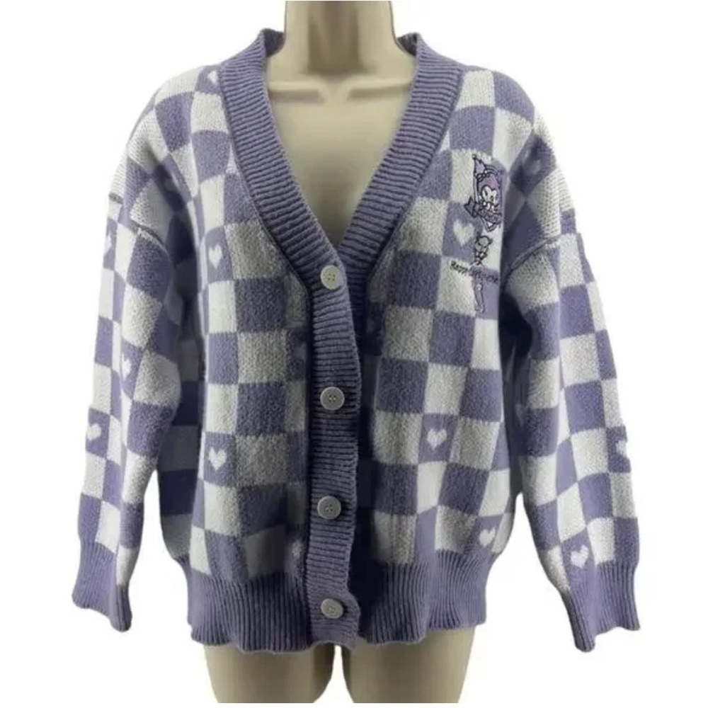 Purple Checker Knit Cardigan Sweater with Heart Motif - Picture 2 of 4